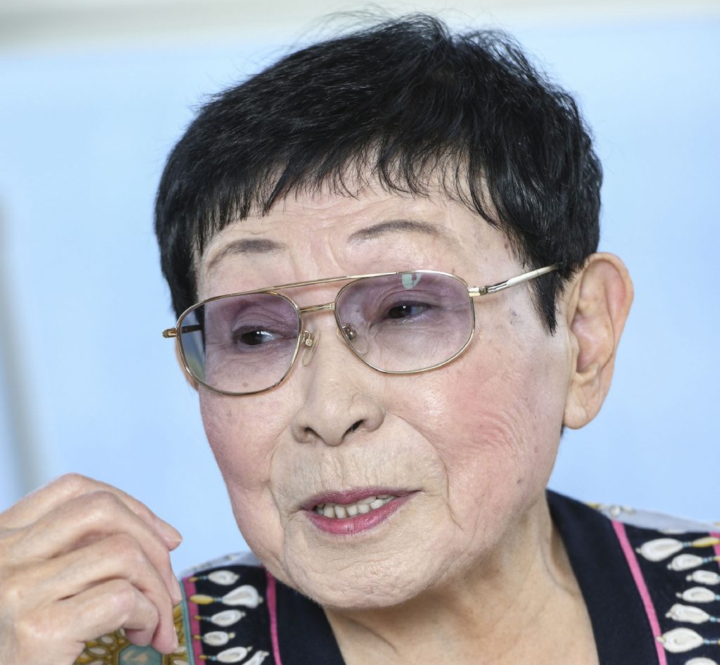 In this November 2019, file photo, renowned Japanese scriptwriter Sugako Hashida speaks during an interview in Atami, west of Tokyo. Hashida, best known for the internationally popular TV drama series “Oshin,
