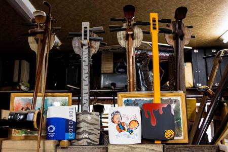 This photo taken on April 12, 2021 shows various shamisens, a traditional Japanese three-stringed instrument created by Kimiaki Kono. (AFP)