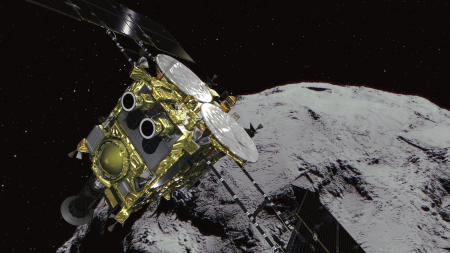 In this computer graphics image provided by the Japan Aerospace Exploration Agency (JAXA) shows an asteroid and asteroid explorer Hayabusa2. (AP)