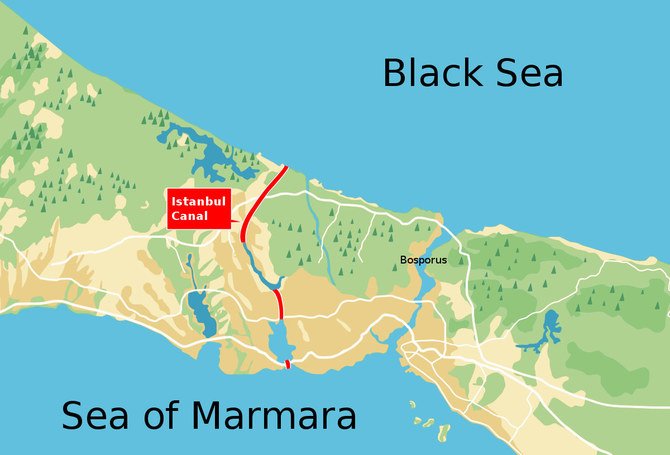 Map showing the proposed Istanbul Canal, connecting the Black Sea and the Sea of Marmara in Turkey. (Wikimedia Commons)