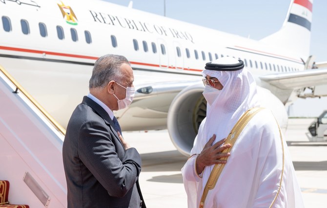 Abu Dhabi Crown Prince Mohammed bin Zayed received the Iraqi prime minister and his accompanying delegation at the presidential airport in the emirate. (Courtesy: WAM)
