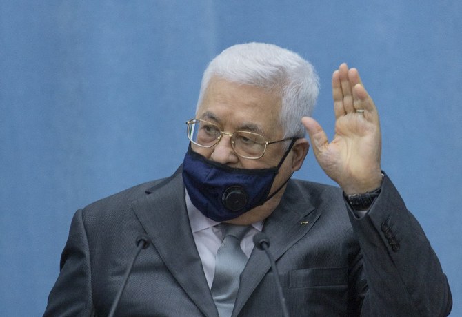 Palestinian President Mahmoud Abbas upon arriving to head the Palestinian leadership meeting at his headquarters, in the West Bank city of Ramallah, during the COVID-19 pandemic on May 7, 2020. (File/AFP)