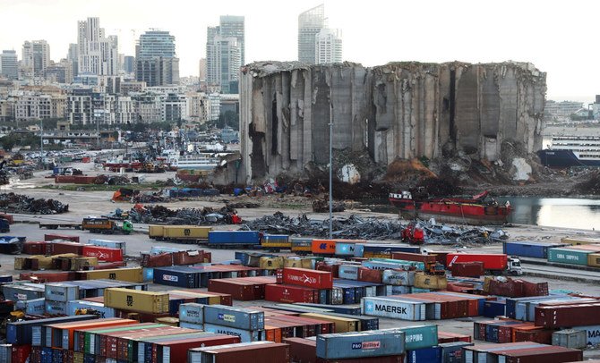 View shows the site of August 4 explosion at Beirut port, where grain silos must be demolished to avoid collapse, Swiss experts warned on Monday. (REUTERS)