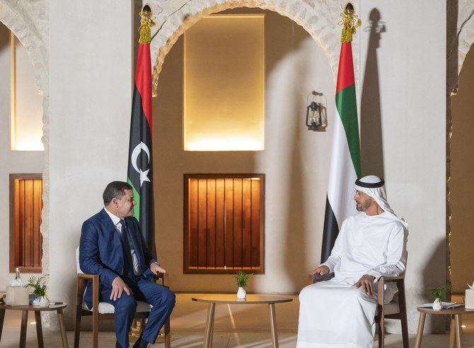 Abu Dhabi Crown Prince Sheikh Mohamed bin Zayed receives new Libyan Prime Minister Abdul Hamid Dbeibeh. (WAM)