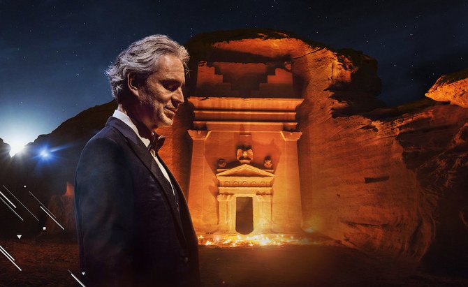 The performance will see Andrea Bocelli, 62, perform against the backdrop of Nabataean tombs in the ancient city of Hegra. (Supplied)