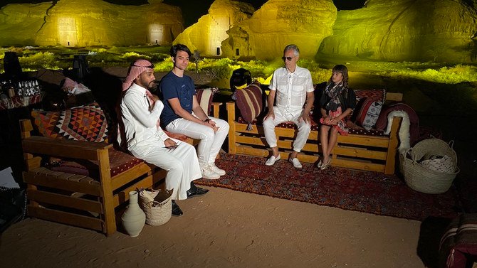 Andrea Bocelli with family, including son Matteo, at Hegra, AlUla. (Supplied)