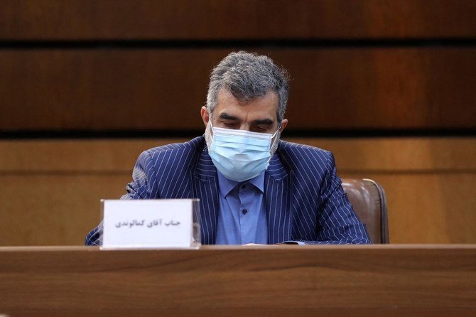 Head of the Atomic Energy Organization of Iran (AEIO) spokesman Behrouz Kamalvandi listening as the country’s president (not pictured) delivers a speech on Iran’s National Nuclear Technology Day, in the capital Tehran. (AFP)