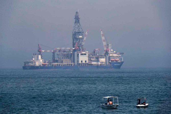 The Tungsten Explorer, a drillship to explore for oil and gas, is seen off the coast of Lebanon on May 15, 2020. (Photo by JOSEPH EID / AFP)