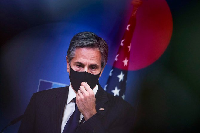 US Secretary of State Antony Blinken pauses before speaking during a media conference at NATO headquarters in Brussels, Wednesday, April 14, 2021. (Pool via AP)