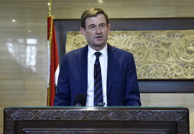 Senior US State Department envoy David Hale addresses the media after a meeting with Lebanon’s parliament speaker in Beirut on April 14, 2021. (File/AFP)