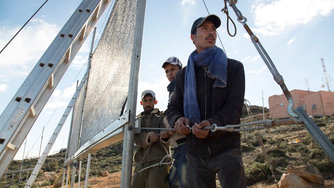 Dar Si Hmad set up CloudFisher fog-harvesters, developed by the German WaterFoundation, on Morocco’s Mount Boutmezguida. (Supplied)