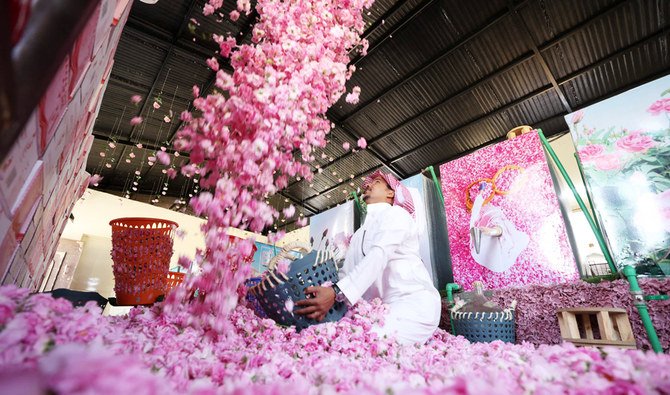 A worker at the Bin Salman farm tosses freshly picked Damascena (Damask) roses in the air, used to produce rose water and oil, in the western Saudi city of Taif, on April 11, 2021. (AFP)