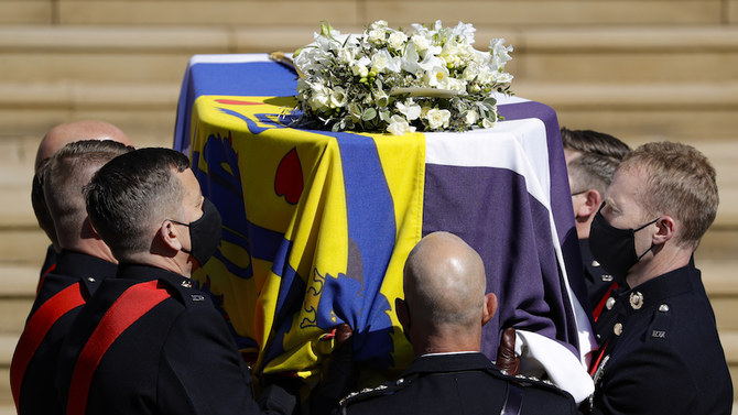 The coffin arrives at St George's Chapel for the funeral of Britain's Prince Philip inside Windsor Castle in Windsor. (AP)