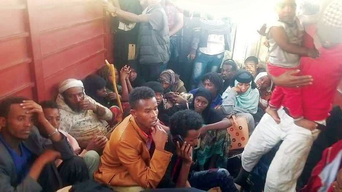 Ethiopian refugees are taken to Aden, the temporary capital of Yemen's legitimate government, from Yemen after the fire. (Oromia Human Rights Organization photo)