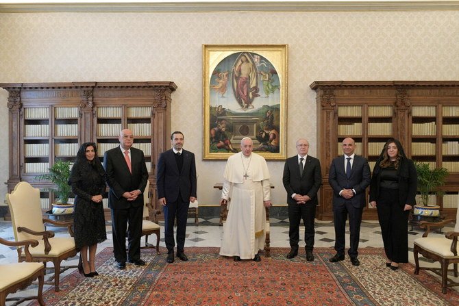 Pope Francis meets with Lebanese Prime Minister designate Saad al-Hariri at the Vatican, April 22, 2021. (Reuters)