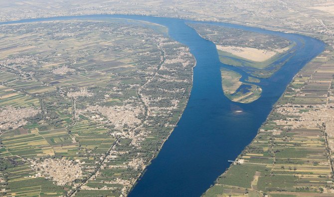 An aerial view of the River Nile valley pictured through the window of an airplane on a flight between Cairo and Luxor, Egypt on April 11, 2021. (REUTERS)