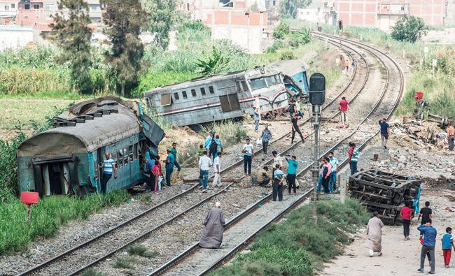 This file photo shows the wreckage of a train collision on the outskirts of Alexandria on Aug. 11, 2017. Another accident happened on the same route on April 25, 2021. (AFP)