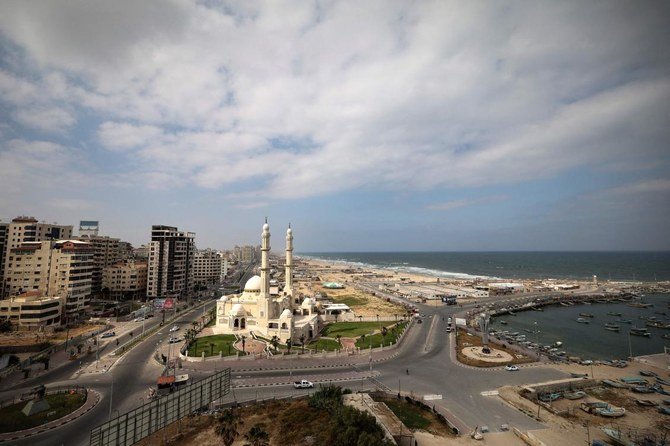 This picture taken on April 26, 2021 shows a view of the Hasayna mosque and the fishing port (R) of Gaza City. (AFP)