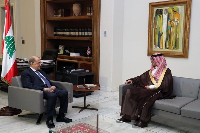 Saudi ambassador to Lebanon Walid bin Abdullah Bukhari meeting President Michel Aoun. Bukhari tweeted on Monday saying Kingdom’s security is a red line (Twitter)