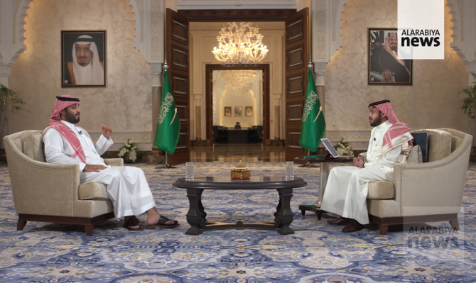 Crown Prince Mohammed bin Salman is being interviewed by Saudi journalist Abdullah Al-Mudaifer. (Image grab via Al-Arabiya)