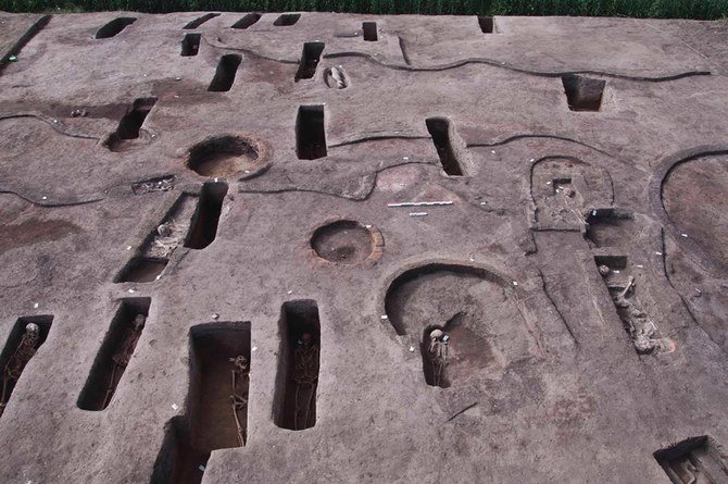 This photo shows ancient burial tombs unearthed recently, some with human remains, in the Koum el-Khulgan archeological site, in the Nile Delta province of Dakahlia, Egypt. (Egyptian Tourism and Antiquities Ministry via AP)