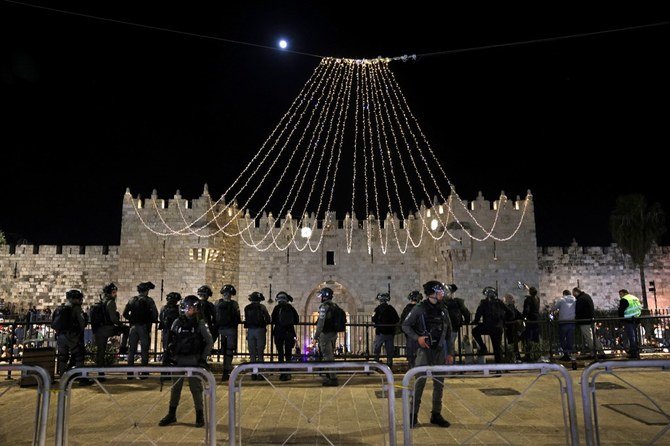 Israeli security forces stand guard outside the Damascus Gate in Jerusalem’s Old City on April 27, 2021. (File/AFP)