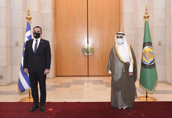 GCC Secretary General Nayef Al-Hajjraf meets Greek Foreign Minister Nikos Dendias and Minister of National Defense Nikolaos Panagiotopoulos. (Twitter/@GCCSG)