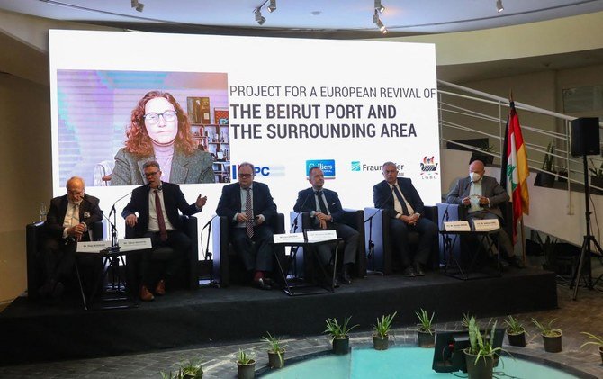 German delegation members unveiling spectacular multi-billion-dollar project to rebuild Beirut port and its surroundings but admitted it was contingent on far-reaching government reforms. (AFP)