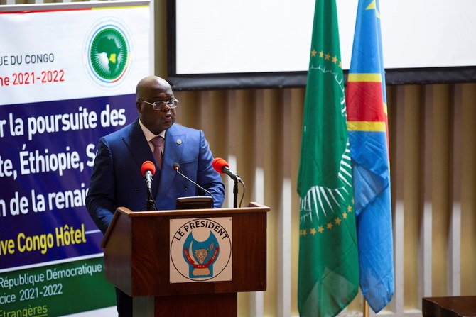 Democratic Republic of Congo’s President Felix Tshisekedi delivers a speech at the opening of talks on Ethiopia’s Renaissance Dam at the Fleuve Congo Hotel, Kinshasa, DRC, April 4, 2021. (Reuters)