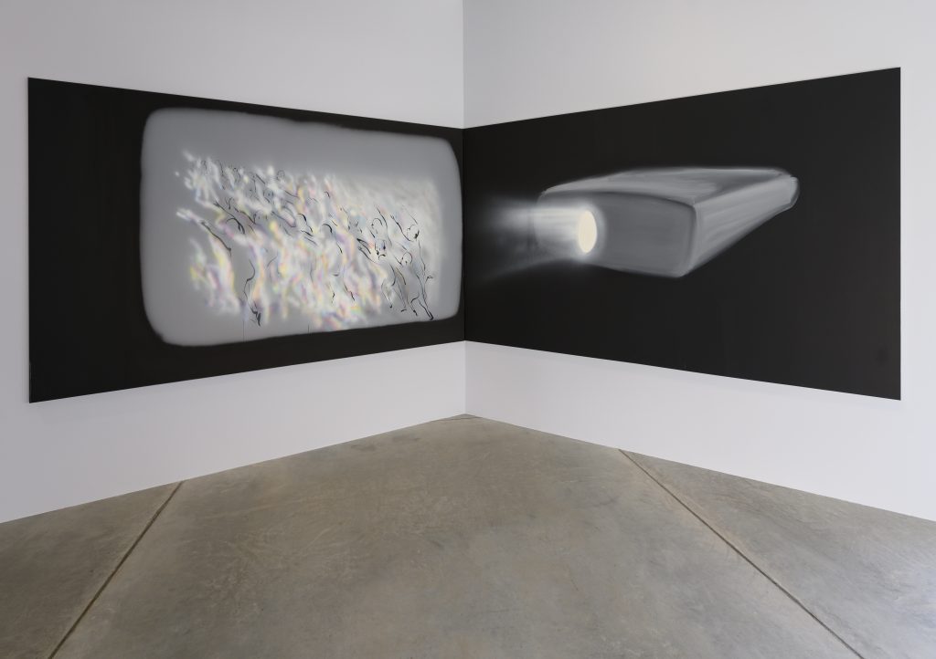 Tala Madani, Corner Projection (Panic), 2019. Oil on linen; Two parts, each 182.9 x 365.8 x 3.8 cm. (Photo: Sharjah Art Foundation) 