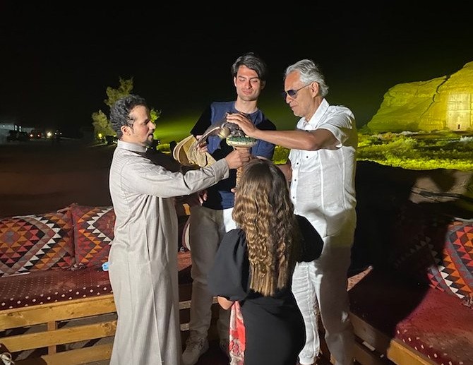 Andrea Bocelli with family, including son Matteo, at Hegra, AlUla. (Supplied)