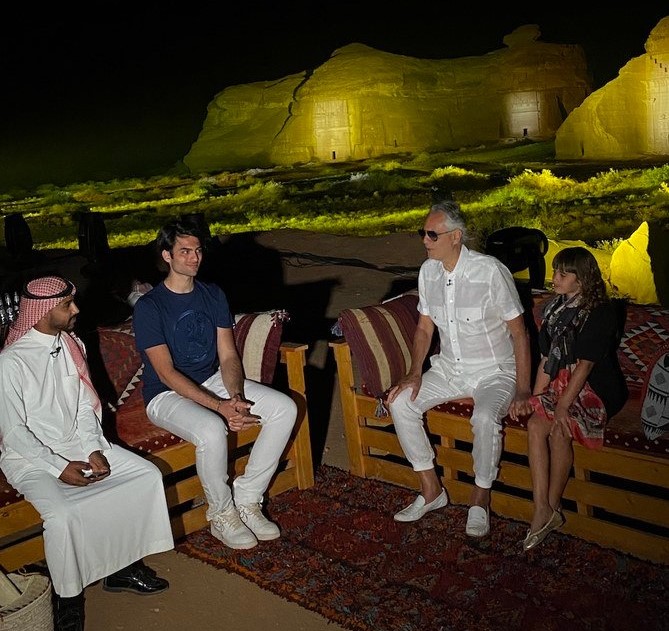 Andrea Bocelli with family, including son Matteo, at Hegra, AlUla. (Supplied)