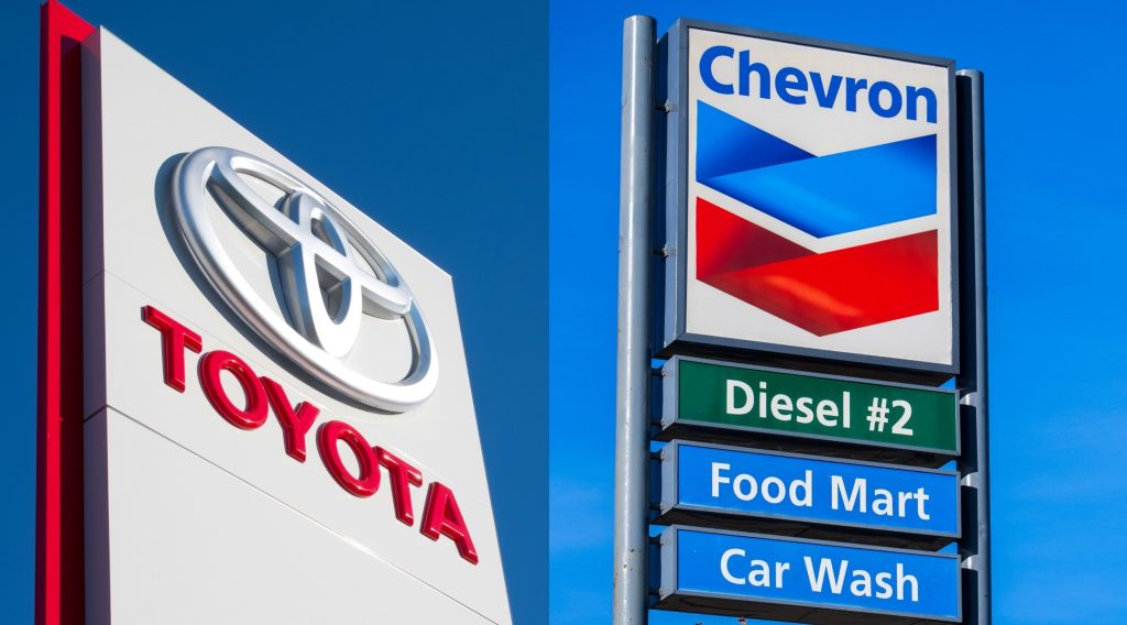 This combination of file pictures created on April 21, 2021 shows sign at a Chevron filling station in Los Angeles on April 9, 2009 and a Toyota logo at the company's closed showroom in Tokyo on May 12, 2020. (AFP)