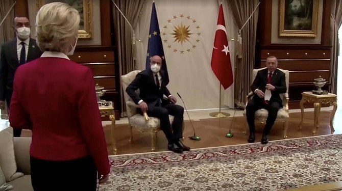 European Commission President Ursula von der Leyen stands as European Council President Charles Michel and Turkish President Tayyip Erdogan take seats in Ankara, Turkey April 6, 2021. (Reuters)