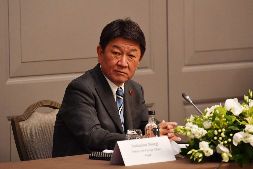 Japan's Foreign Minister Toshimitsu Motegi takes part in a trilateral meeting with USA and South Korea on the sidelines of the G7 foreign ministers meeting in London on May 5, 2021. (AFP)