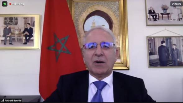 Moroccan ambassador to Japan Rachad Bouhlal gives opening remarks at the online event organized by the embassy to celebrate the “International Argan Day” (ANJ screen grab)