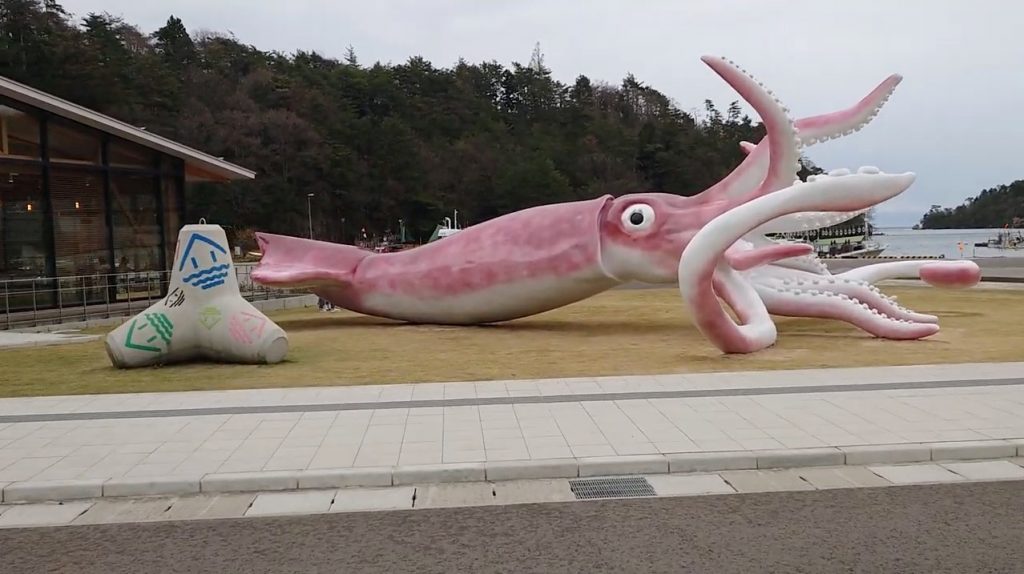 A giant squid statue built using coronavirus disease (COVID-19) subsidies is seen in Noto, Ishikawa prefecture, Japan April 13, 2021, in this still image obtained from a social media video. (Reuters)