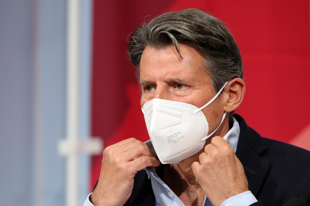 World Athletics President Sebastian Coe speaks to media at the Olympic Stadium during the Athletics test event for Tokyo 2020 Olympic Games in Tokyo, Japan May 9, 2021. (Reuters)