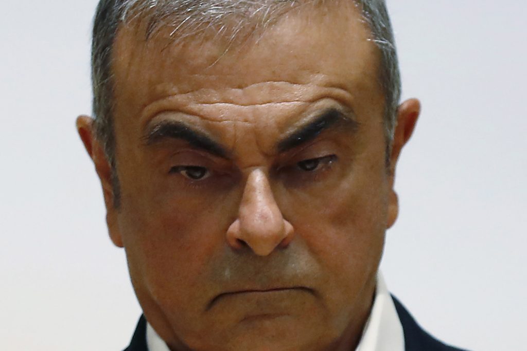 In this Sept. 29, 2020, file photo, former Nissan Motor Co. Chairman Carlos Ghosn holds a press conference at the Maronite Christian Holy Spirit University of Kaslik, as he launches an initiative to help Lebanon that is undergoing a severe economic and financial crisis, in Kaslik, north of Beirut, Lebanon. (AP Photo)