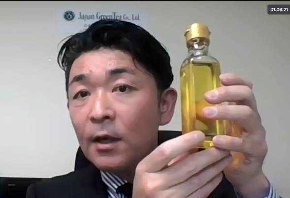 Daitaro Kitagima of Japan Green Tee company speaks at the online event organized by the Moroccan embassy in Tokyo to celebrate the “International Argan Day” (ANJ screen grab)