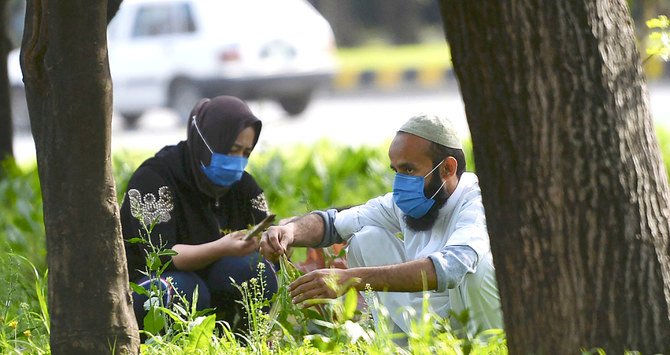 Residents plant trees on a green belt along a street in Islamabad. (File/AFP)