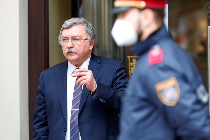 Russia's Governor to the International Atomic Energy Agency (IAEA), Mikhail Ulyanov, at a break outside of the 'Grand Hotel Wien' where closed-door nuclear talks with Iran take place in Vienna. (AP)
