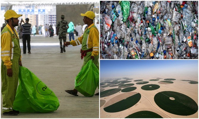 Clockwise from left: Sanitation workers collect litter during the annual Hajj pilgrimage in the holy city of Makkah; piles of plastic bottles before they are recycled; circular fields, part of the green oasis of Wadi Al-Dawasir. (AFP/File Photos)
