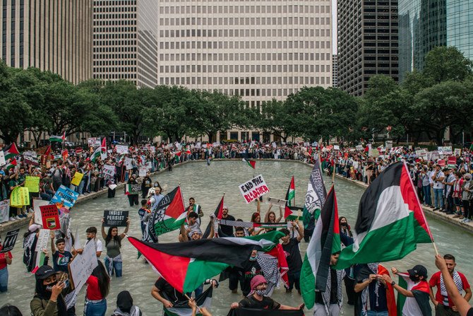 People participate in a demonstration at the Houston City Hall on May 15, 2021 in Houston, Texas in support of Palestinians facing Israeli airstrikes in the Gaza Strip. (Brandon Bell/Getty Images/AFP)