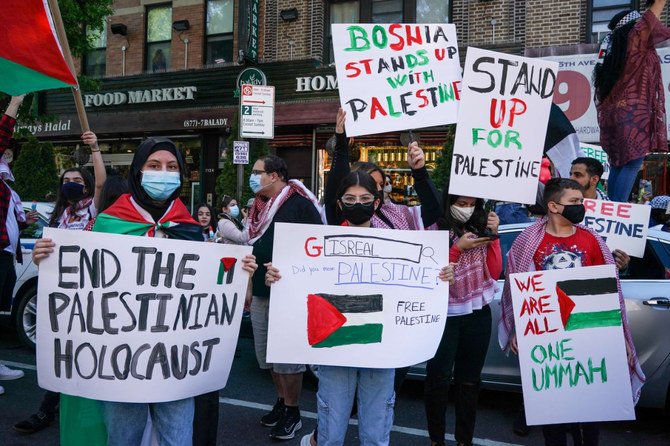 People gathered for a demonstration marking Nakba Day on May 15, 2021 in New York City and in support of Palestinians facing Israeli airstrikes in the Gaza Strip. (David Dee Delgado/Getty Images/AFP)