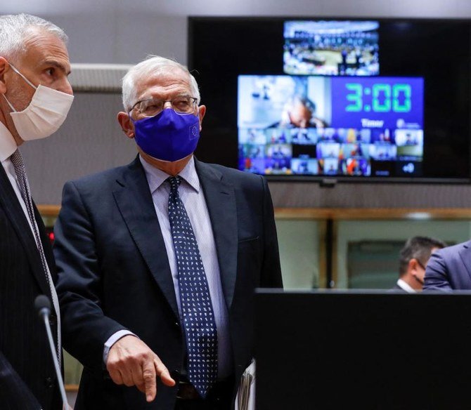 Josep Borrell arrives for a special video conference of European Foreign Ministers to discuss recent developments in the Middle East in particular the ongoing Israel-Palestinian fighting in Brussels, on May 18, 2021. (File/AFP)