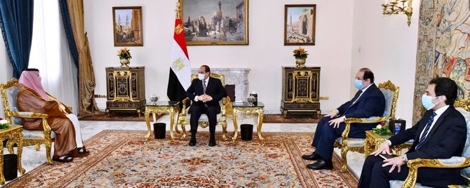 The Egyptian Presidency shared a picture on its official Facebook page of a meeting between President Abdel Fattah el-Sisi and Turki AlSheikh, advisor to the Saudi Royal Court and Chairman of General Entertainment Authority on May 24, 2021. (Facebook)