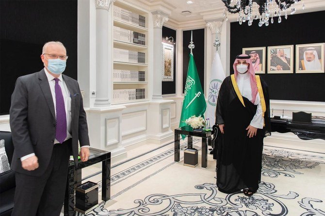 Tim Lenderking with Prince Khalid bin Salman. (SPA)