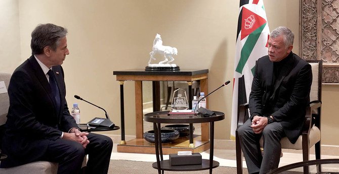 Jordan’s King Abdullah II meets US Secretary of State Antony Blinken in Amman. (Petra)