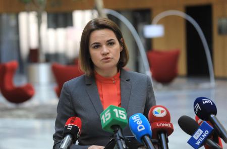 Belarusian opposition leader Svetlana Tikhanovskaya speaks to journalists in Vilnius, Lithuania on May 24, 2021, a day after a Belarusian opposition activist had been arrested in his Vilnius-bound flight in Minsk. (AFP)